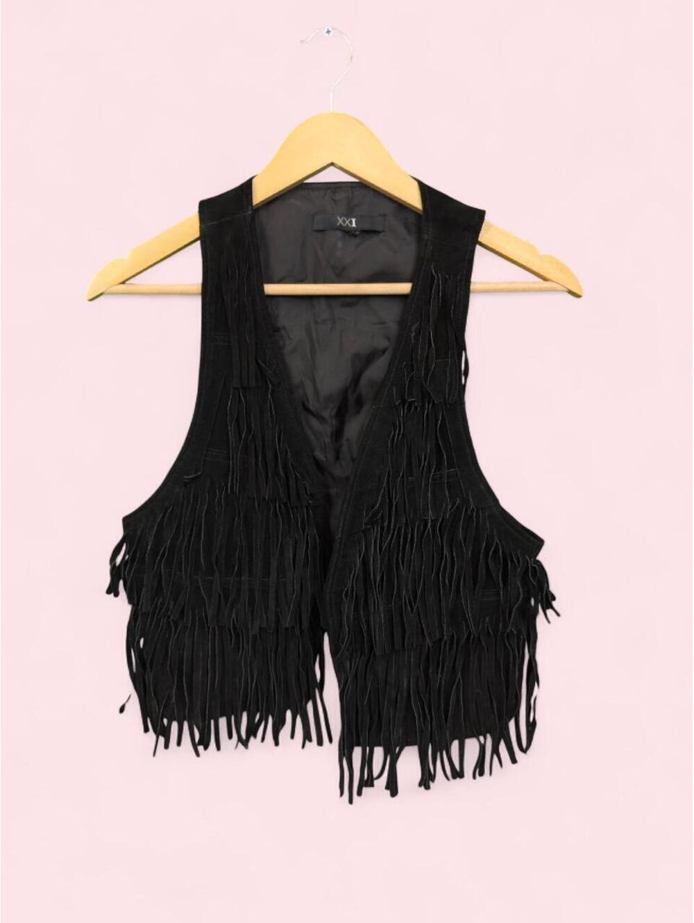 Black Suede Fringe Western Vest Sleeveless Biker Cowboy XXL